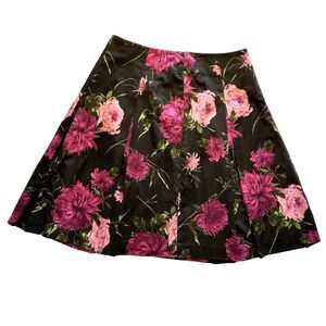 Talbots Floral Skirt Black Pink Purple‎ Cotton Pleated Lined Back Zip Size 12P